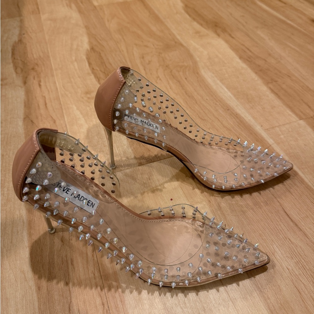 Steve Madden Clear and Tan Studded Heels